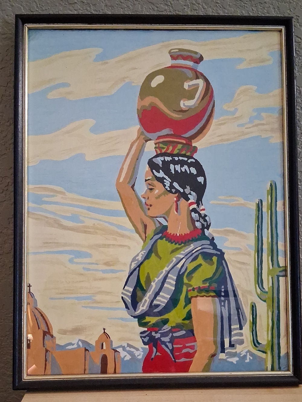Vintage Framed Paint By Number Lady with Water Jug Folk Art